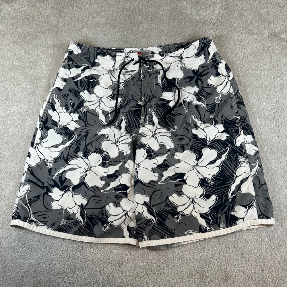 Mossimo Board Shorts Mens 34 Black Grey Hibiscus Floral Print Swim Trunks Surf